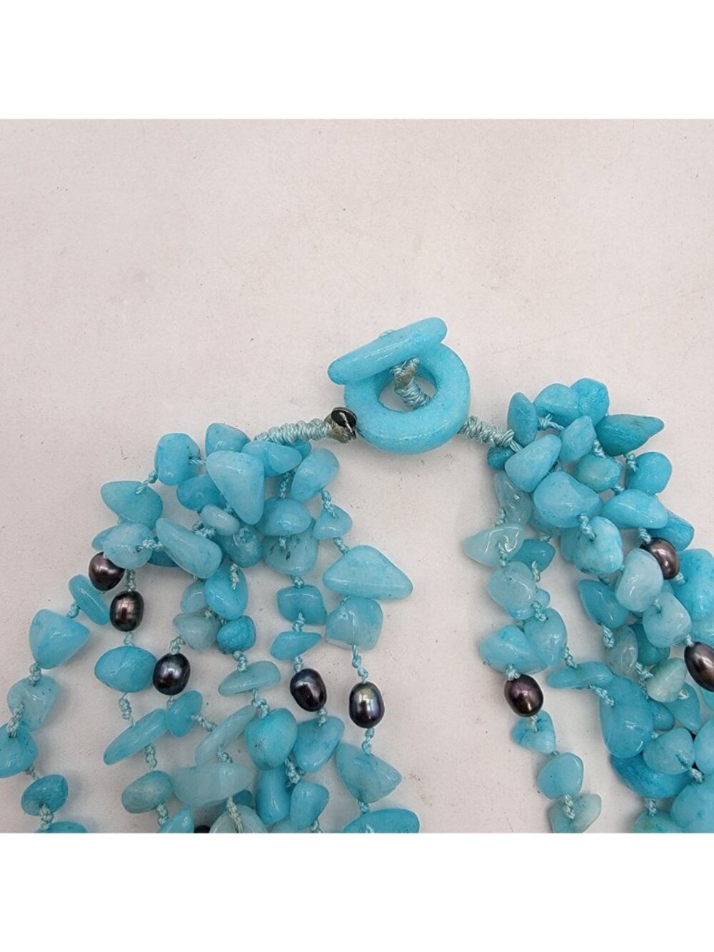 Artisan Blue Caribbean Quartz Gemstone & Peacock Pearls Multi-Strand Necklace - Picture 4 of 5